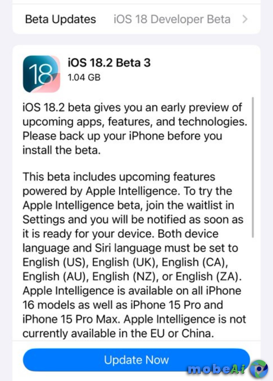 تحديث iOS 18.2 التجريبي الثالث للمطورين