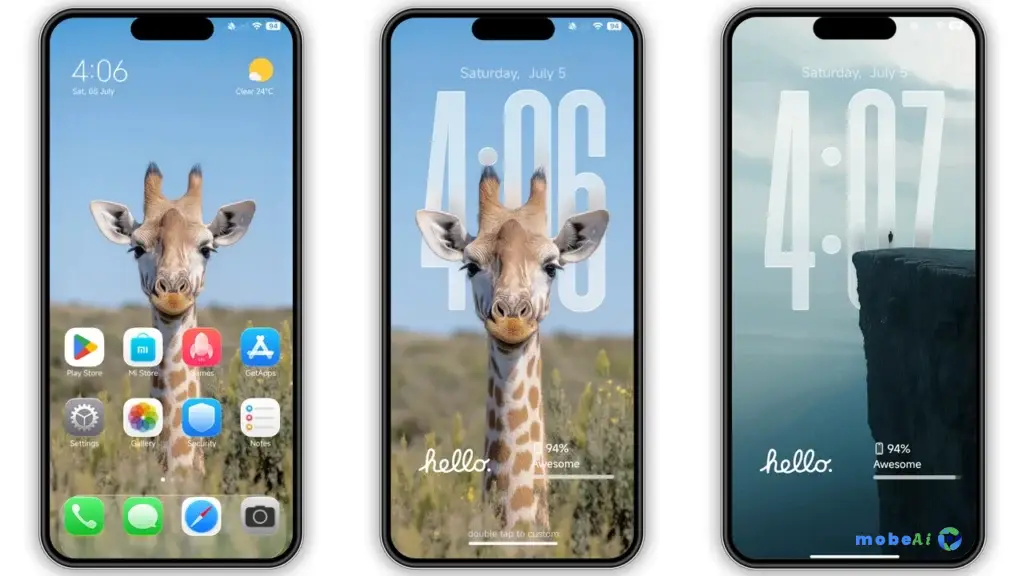 شكل الشاشة الرئيسية بعد تطبيق ثيم iOS 26 على واجهة HyperOS لهواتف شاومي