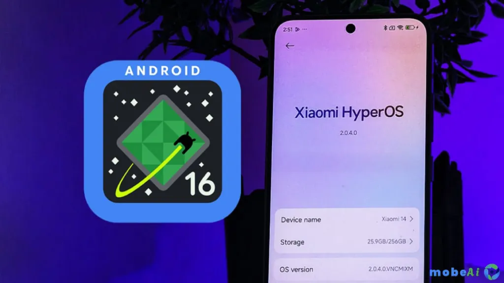 شعار Android 16 بجانب هاتف شاومي يعمل بواجهة HyperOS الجديدة